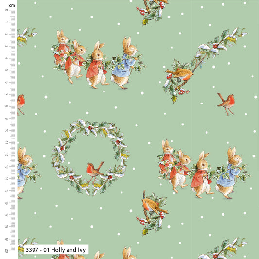 Holly and Ivy - The Joy of Giving Peter Rabbit Christmas Cotton Print Fabric - per half metre