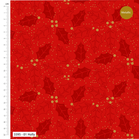 Holly - Simple Metallic Christmas Cotton Print Fabric - per half metre