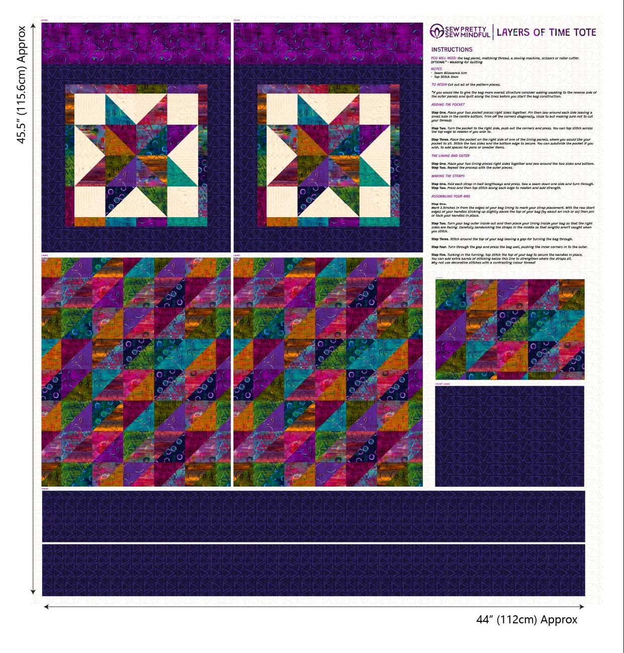 Tote Bag Panel - Layers of Time Cotton Print Fabric - per panel