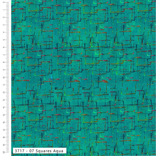Squares Aqua - Layers of Time Cotton Print Fabric - per half metre