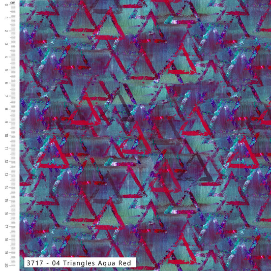 Triangles Aqua Red - Layers of Time Cotton Print Fabric - per half metre