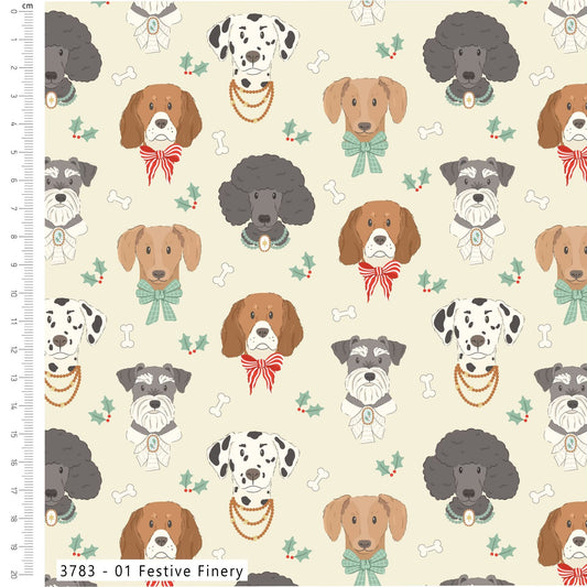 Festive Finery - Holly & Hounds Cotton Print Fabric - per half metre