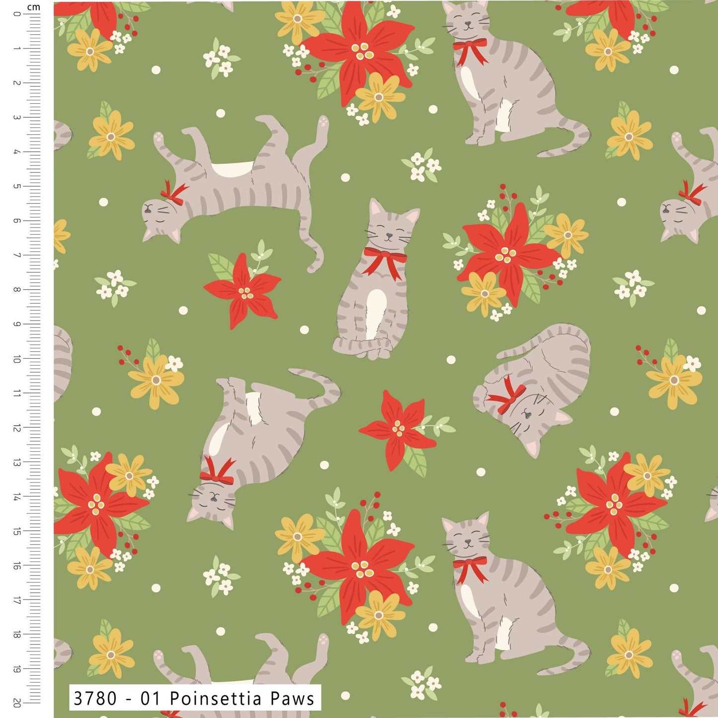 Poinsettia Paws - Festive Felines Cotton Print Fabric - per half metre