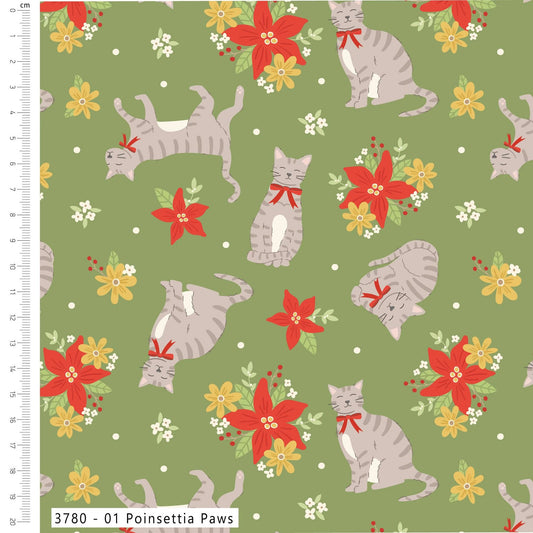 Poinsettia Paws - Festive Felines Cotton Print Fabric - per half metre