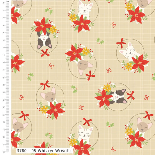 Whisker Wreaths - Festive Felines Cotton Print Fabric - per half metre