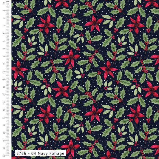 Navy Foliage - Merry Little Robin Cotton Print Fabric - per half metre