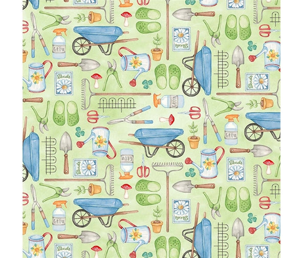 Garden Essentials on Green - Better Gnomes and Gardens Cotton Print - per half metre