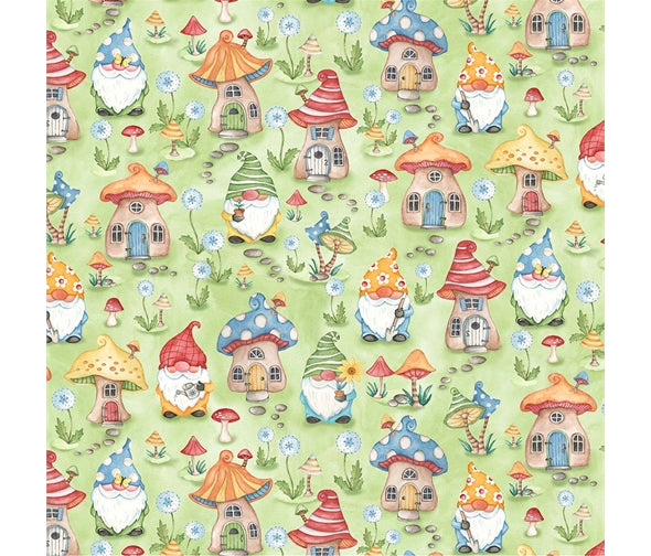 Gnome Sweet Home on Green - Better Gnomes and Gardens Cotton Print - per half metre