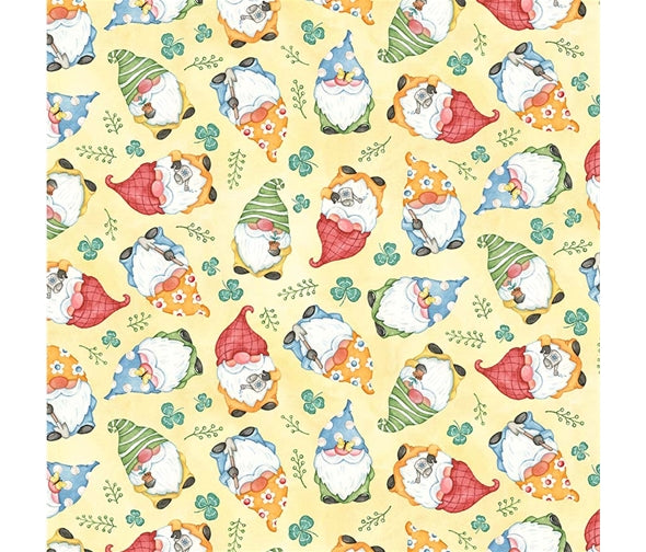 Gnome Gardeners on Yellow - Better Gnomes and Gardens Cotton Print - per half metre