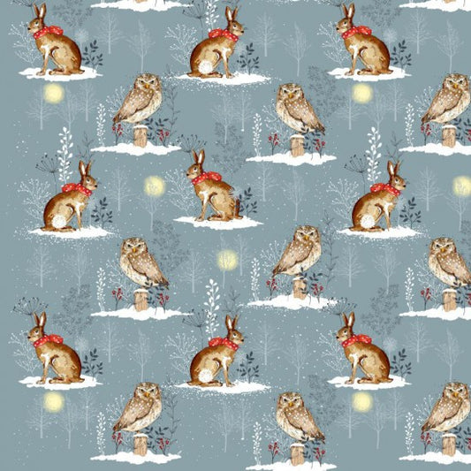 Owls and Hares - Winter Moon Cotton Print Fabric - per half metre