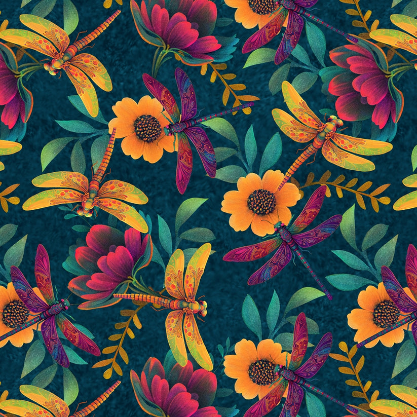 Dragonflies and Flowers on Ocean Blue - Luminous Haven Cotton Print Fabric - per half metre