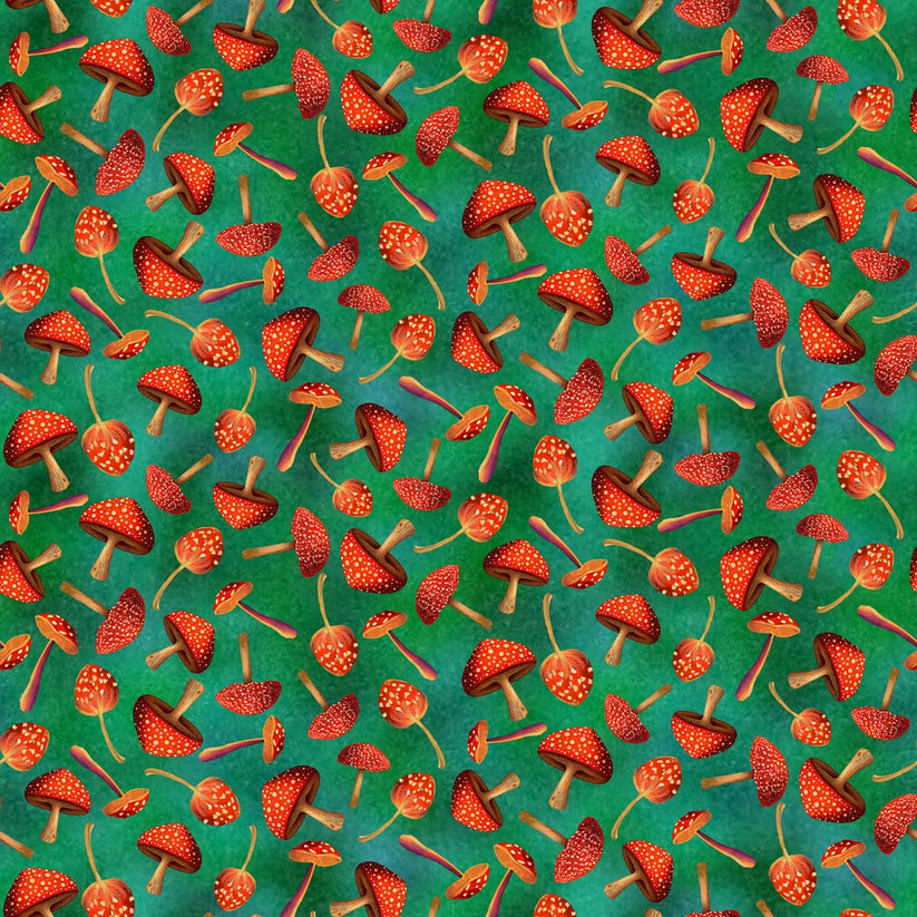 Mushrooms on Green - Luminous Haven Cotton Print Fabric - per half metre