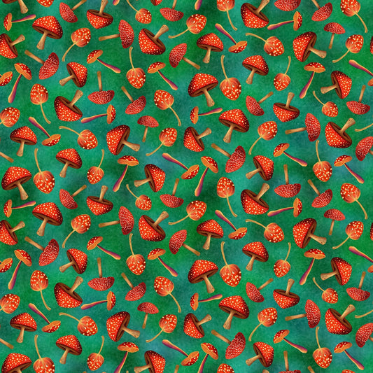 Mushrooms on Green - Luminous Haven Cotton Print Fabric - per half metre