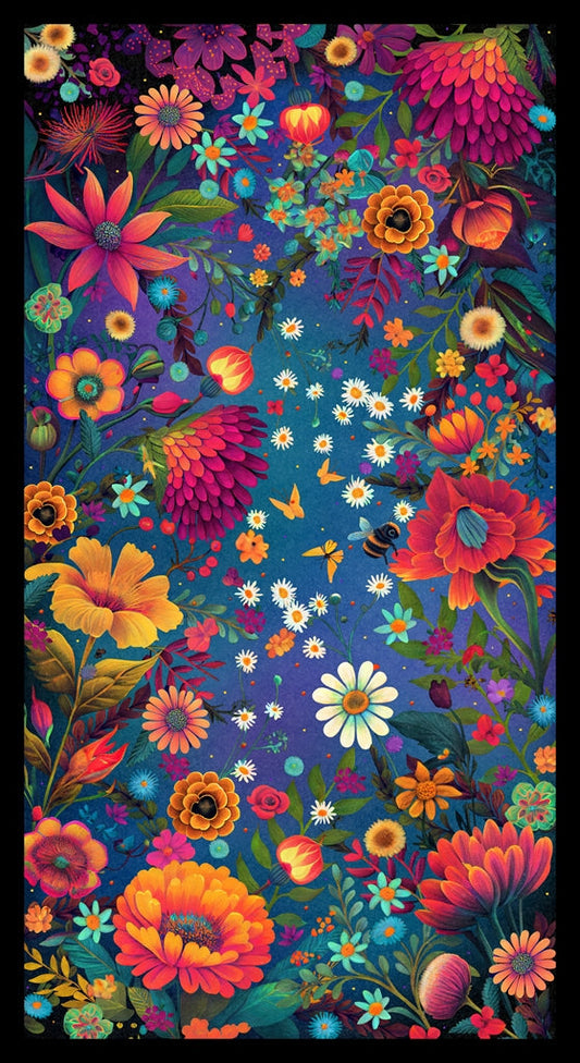 Panel with Flowers and Bugs on Dark Blue - Luminous Haven Cotton Print Fabric - per panel