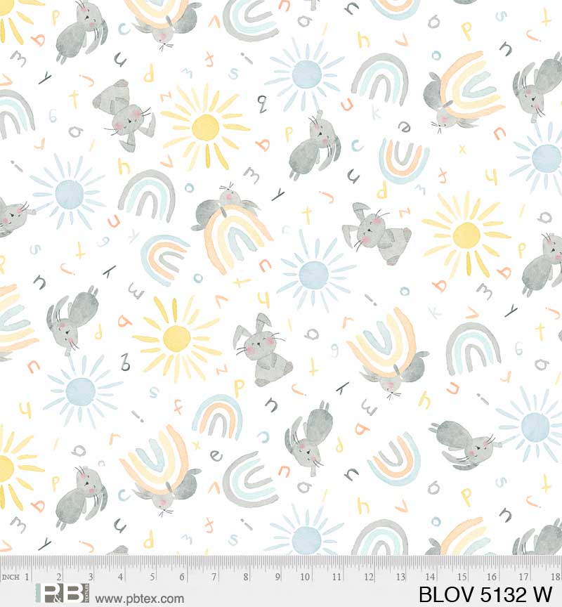 Bunny and Rainbow Toss - Bunny Love Cotton Print Fabric - per half metre