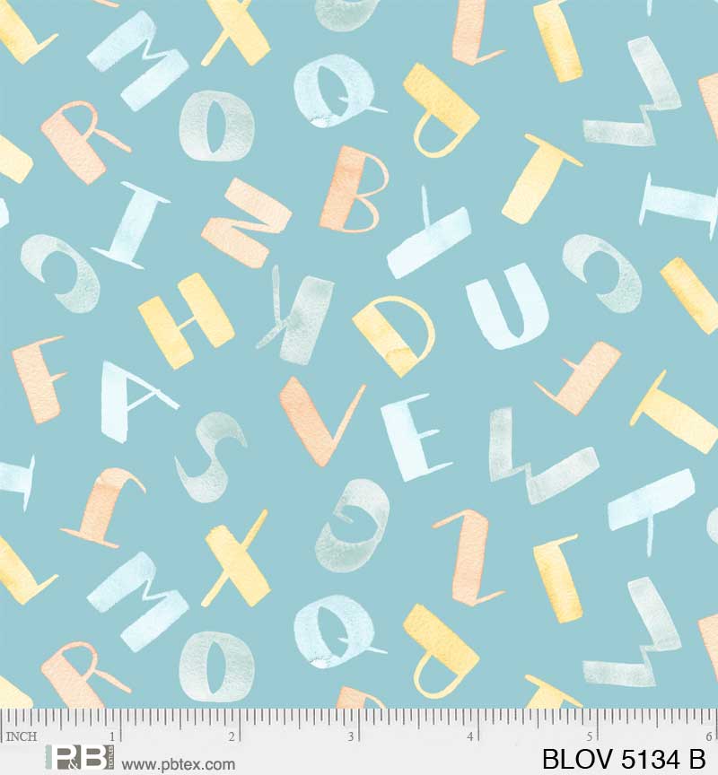 Alphabet on Blue - Bunny Love Cotton Print Fabric - per half metre