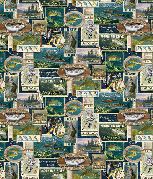 Fish Labels - Hooked Cotton Print Fabric - per half metre