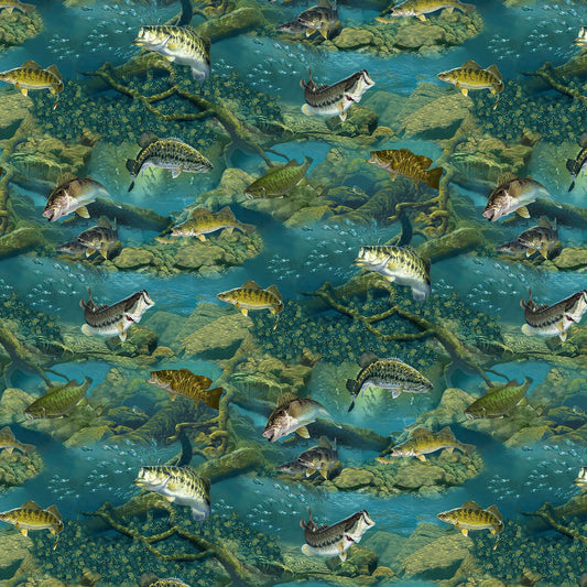 Fish in Water - Hooked Cotton Print Fabric - per half metre