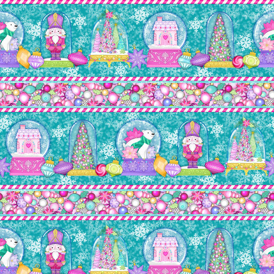 Snow Globe Border Stripe - Merry and Bright Cotton Print Fabric - per half metre