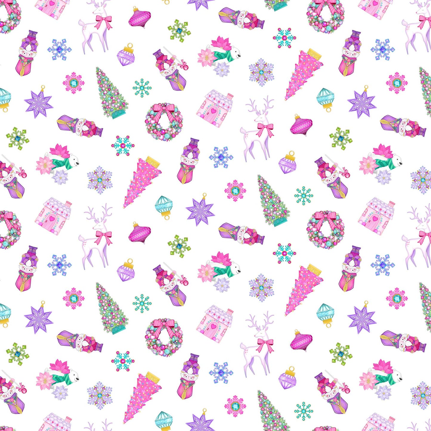 Christmas Ornament Toss on White - Merry and Bright Cotton Print Fabric - per half metre