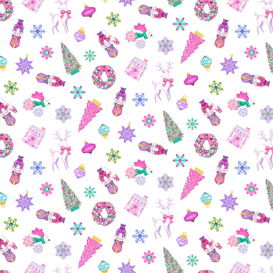 Christmas Ornament Toss on White - Merry and Bright Cotton Print Fabric - per half metre