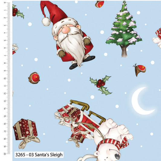 Santa's Sleigh Cotton Print - Driving Gnome for Christmas - per half metre
