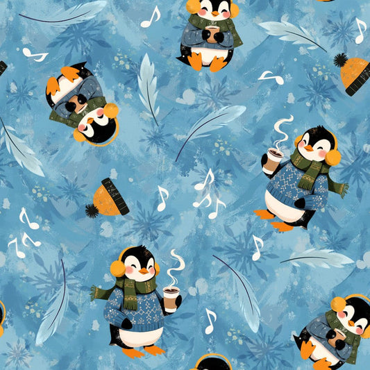 Penguins on Blue (Design 1) - Christmas With Cooper Cotton Print Fabric - per half metre