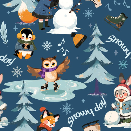Snowy Day on Dark Blue (Design 2) - Christmas With Cooper Cotton Print Fabric - per half metre