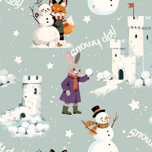 Snowy Day on Duck Egg Blue (Design 4) - Christmas With Cooper Cotton Print Fabric - per half metre