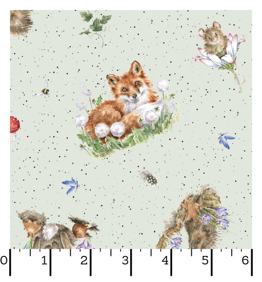 Tossed Animals on Green - Bramble Patch Cotton Print Fabric - End of Bolt 135cm
