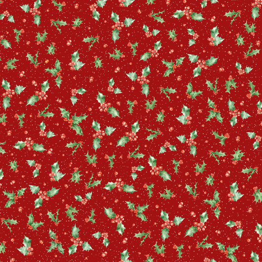 Holly on Dark Red - One Snowy Day Cotton Print Fabric - End of Bolt 175cm