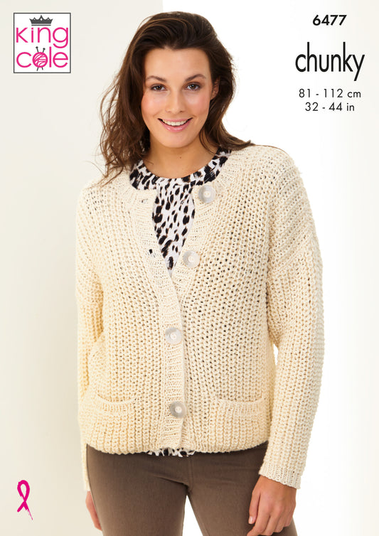 King Cole Pattern 6477 - Cardigan & Sweater knitted in Simply Denim Chunky