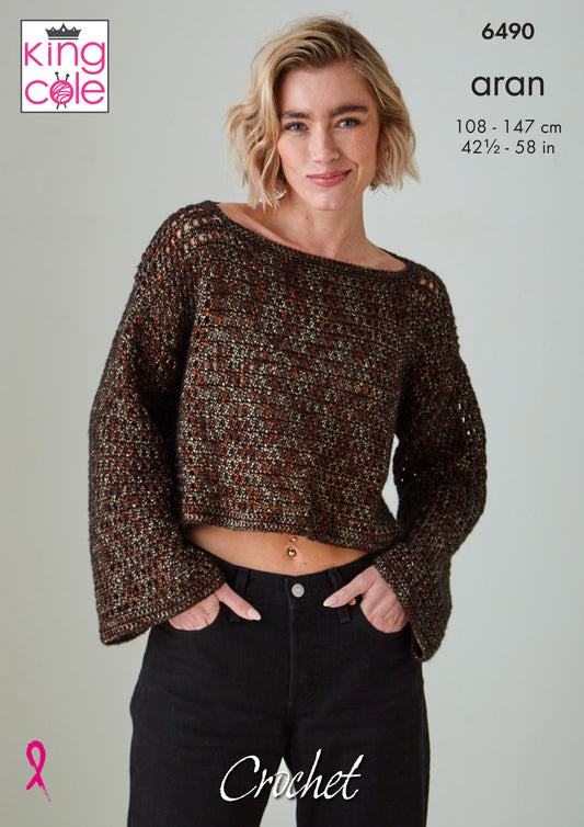 King Cole Pattern 6490 - Long Sleeve Top and Vest crocheted in Firefly Aran