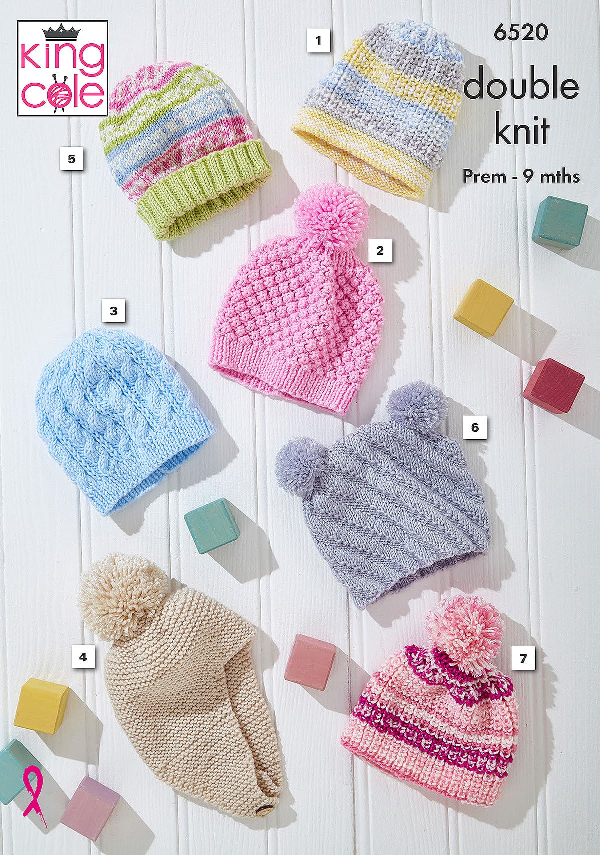 King Cole Pattern 6520 - Baby Hats knitted in Cherish DK and Cherished DK