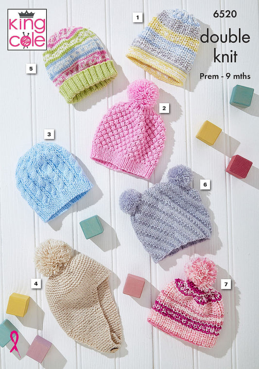 King Cole Pattern 6520 - Baby Hats knitted in Cherish DK and Cherished DK