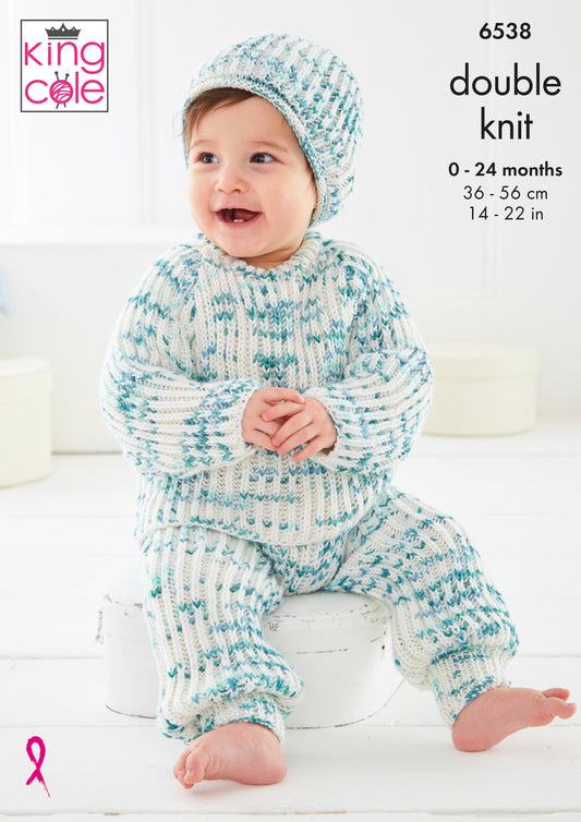 King Cole Pattern 6538 - Baby Set knitted in Dot Dot Dash DK