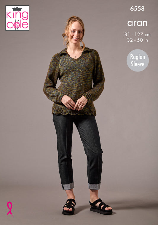 King Cole Pattern 6558 - Sweater and Cardigan knitted in Firefly Aran