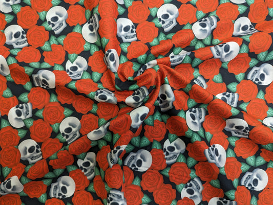 Skulls and Roses - Gothic Halloween Cotton Print - per half metre