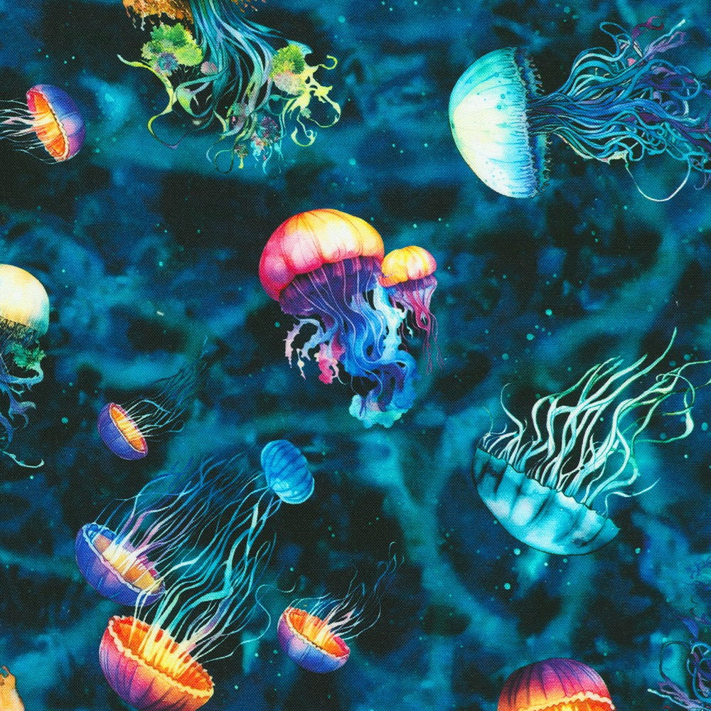 Jellyfish on Dark Blue - Jellyfish Dreams Cotton Print Fabric - per half metre