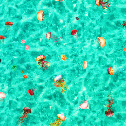 Small Jellyfish on Turquoise - Jellyfish Dreams Cotton Print Fabric - per half metre