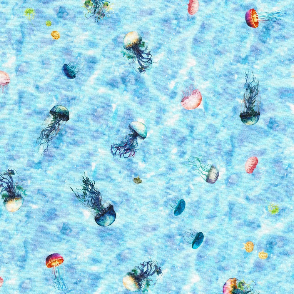 Small Jellyfish on Ocean Blue - Jellyfish Dreams Cotton Print Fabric - per half metre