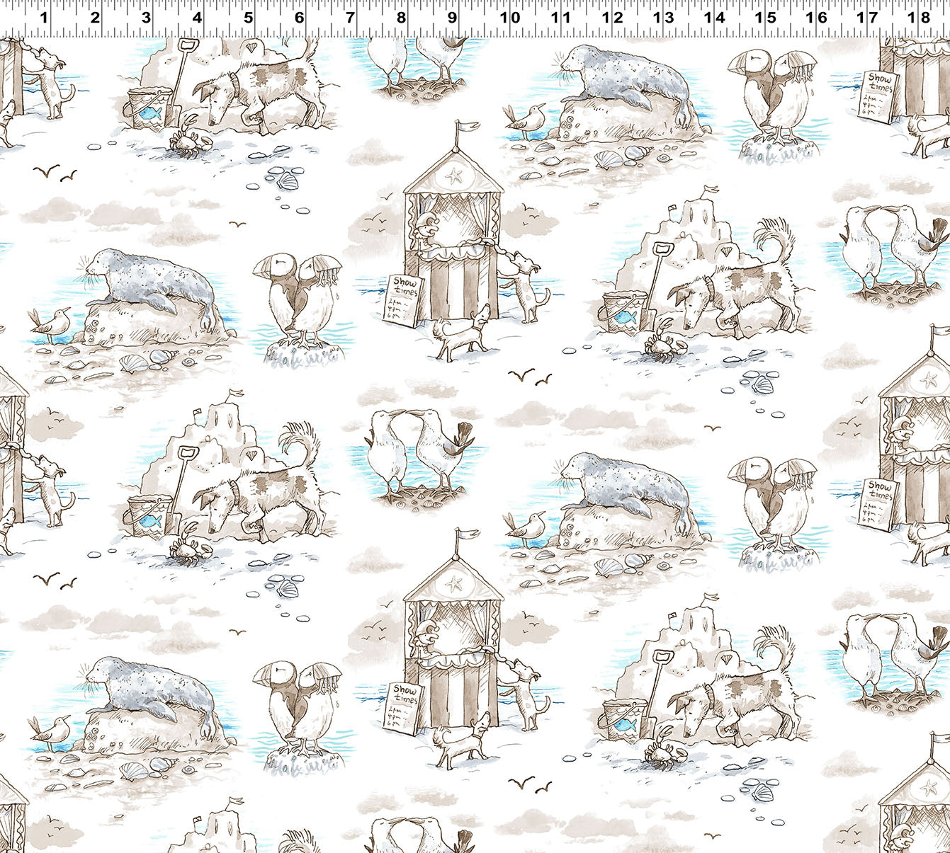 Scenic Toile on Taupe - Sandy Toes Cotton Print Fabric - per half metre