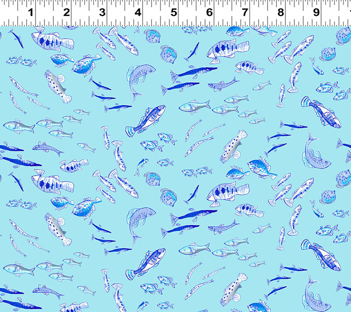 Fish on Aqua - Sandy Toes Cotton Print Fabric - per half metre