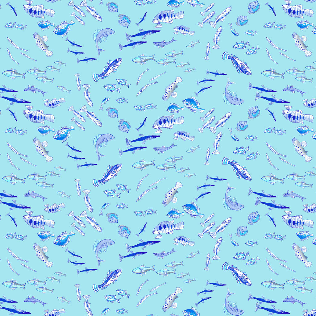 Fish on Aqua - Sandy Toes Cotton Print Fabric - per half metre