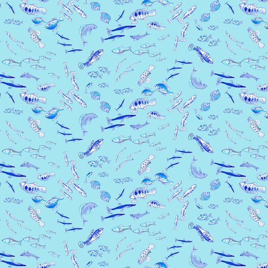 Fish on Aqua - Sandy Toes Cotton Print Fabric - per half metre