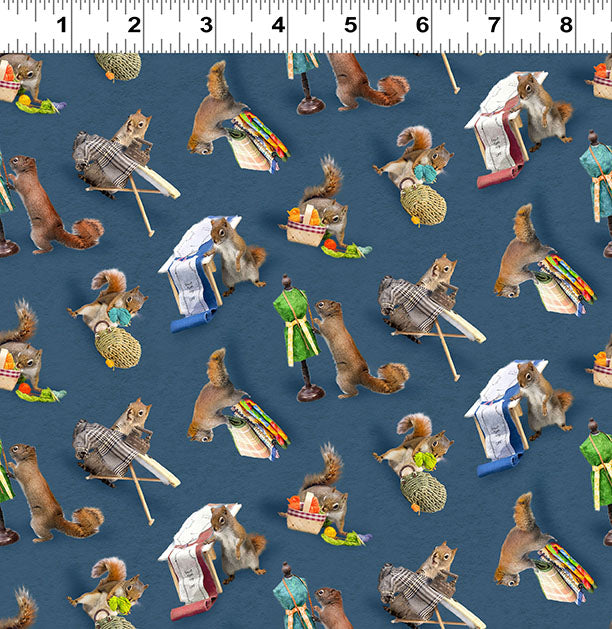 Squirrels - Dark Denim - The Secret Life of Squirrels IV Cotton Print Fabric - per half metre