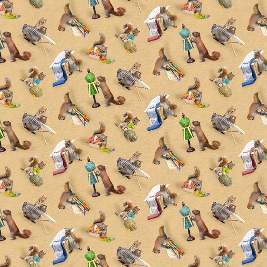 Squirrels - Caramel - The Secret Life of Squirrels IV Cotton Print Fabric - per half metre
