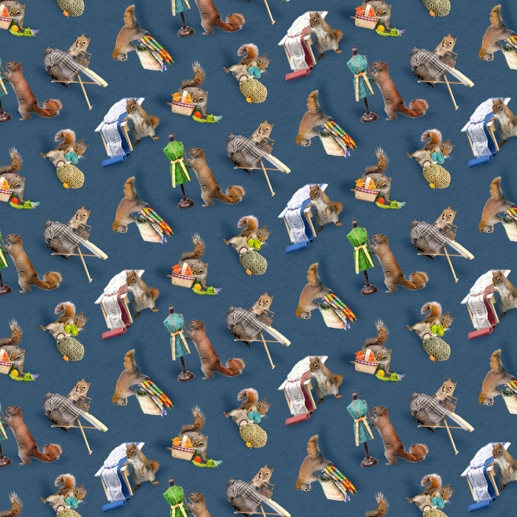 Squirrels - Dark Denim - The Secret Life of Squirrels IV Cotton Print Fabric - per half metre