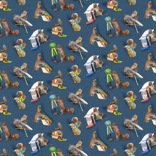 Squirrels - Dark Denim - The Secret Life of Squirrels IV Cotton Print Fabric - per half metre