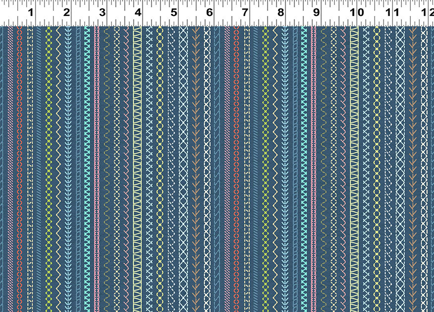 Embroidery Stripe - Dark Denim - The Secret Life of Squirrels IV Cotton Print Fabric - per half metre